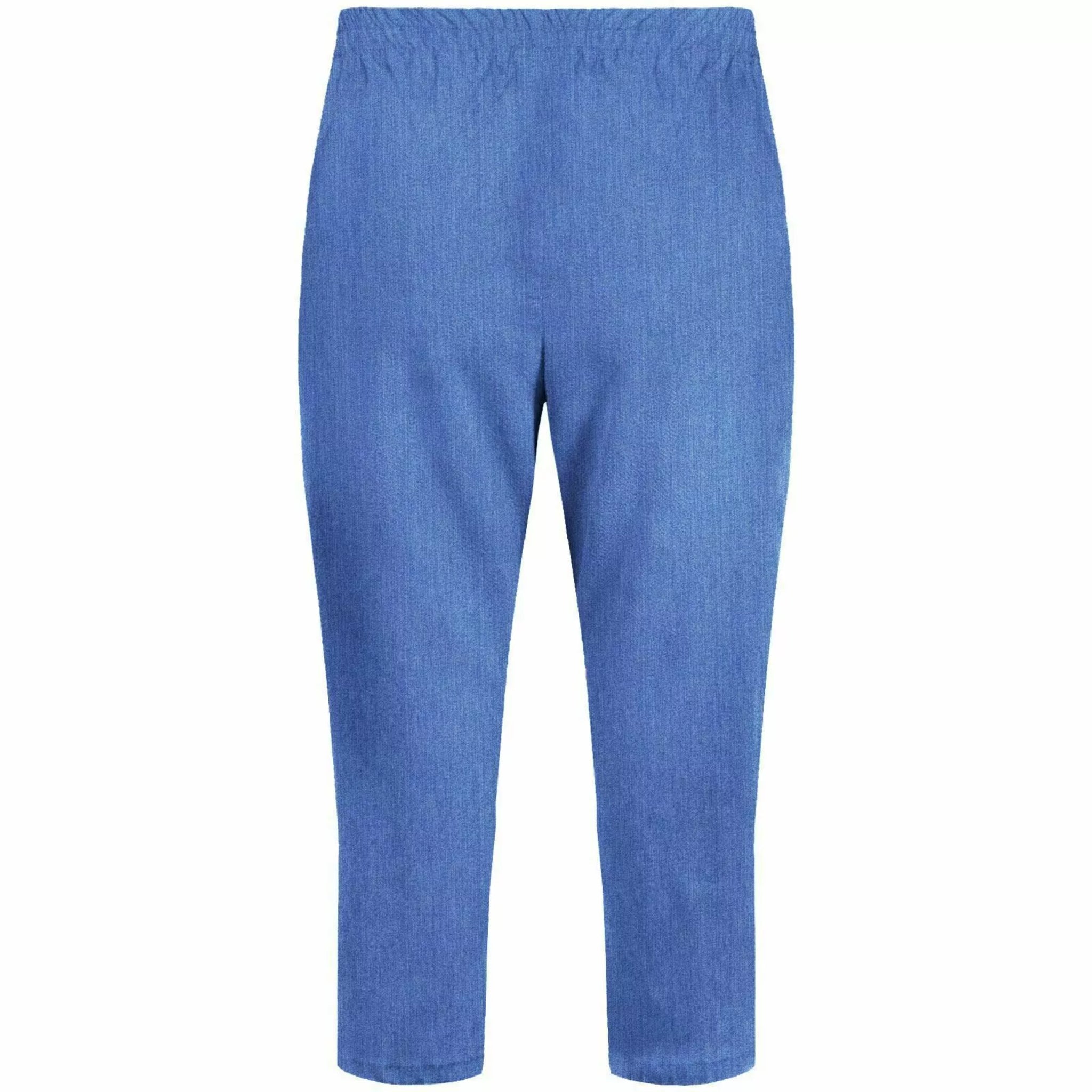 Ladies denim blue 3/4 cropped trousers with zip pocket and button detail summer fashion